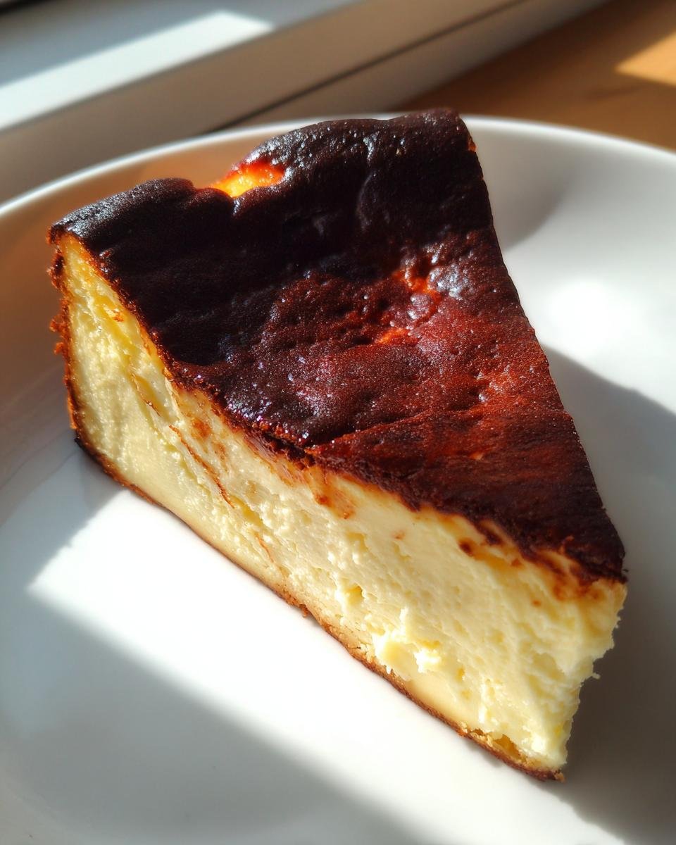 Ein St&uuml;ck cremiger Burnt Basque Cheesecake mit dunkel karamellisierter Oberfl&auml;che auf einem wei&szlig;en Teller.