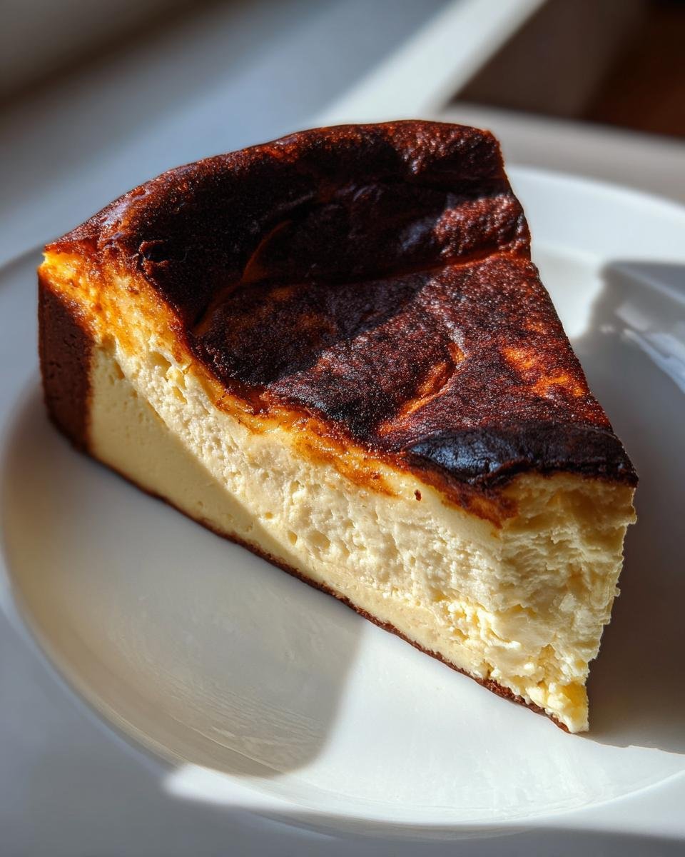 Ein cremiges St&uuml;ck Burnt Basque Cheesecake mit dunkler, karamellisierter Kruste auf einem wei&szlig;en Teller.