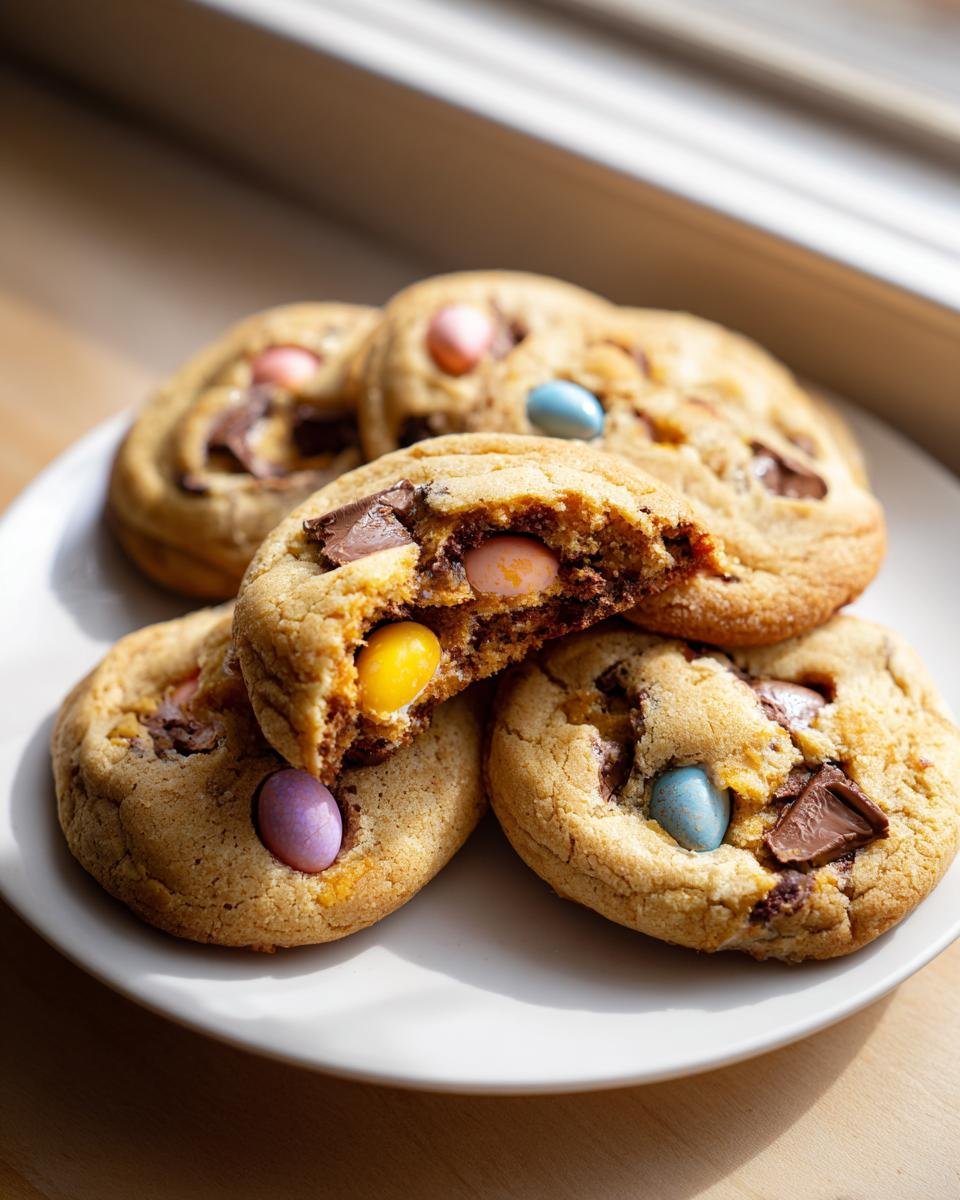 Nahaufnahme von mehreren weichen Cadbury Egg Cookies mit geschmolzener Schokolade und bunten Eiern auf einem wei&szlig;en Teller.