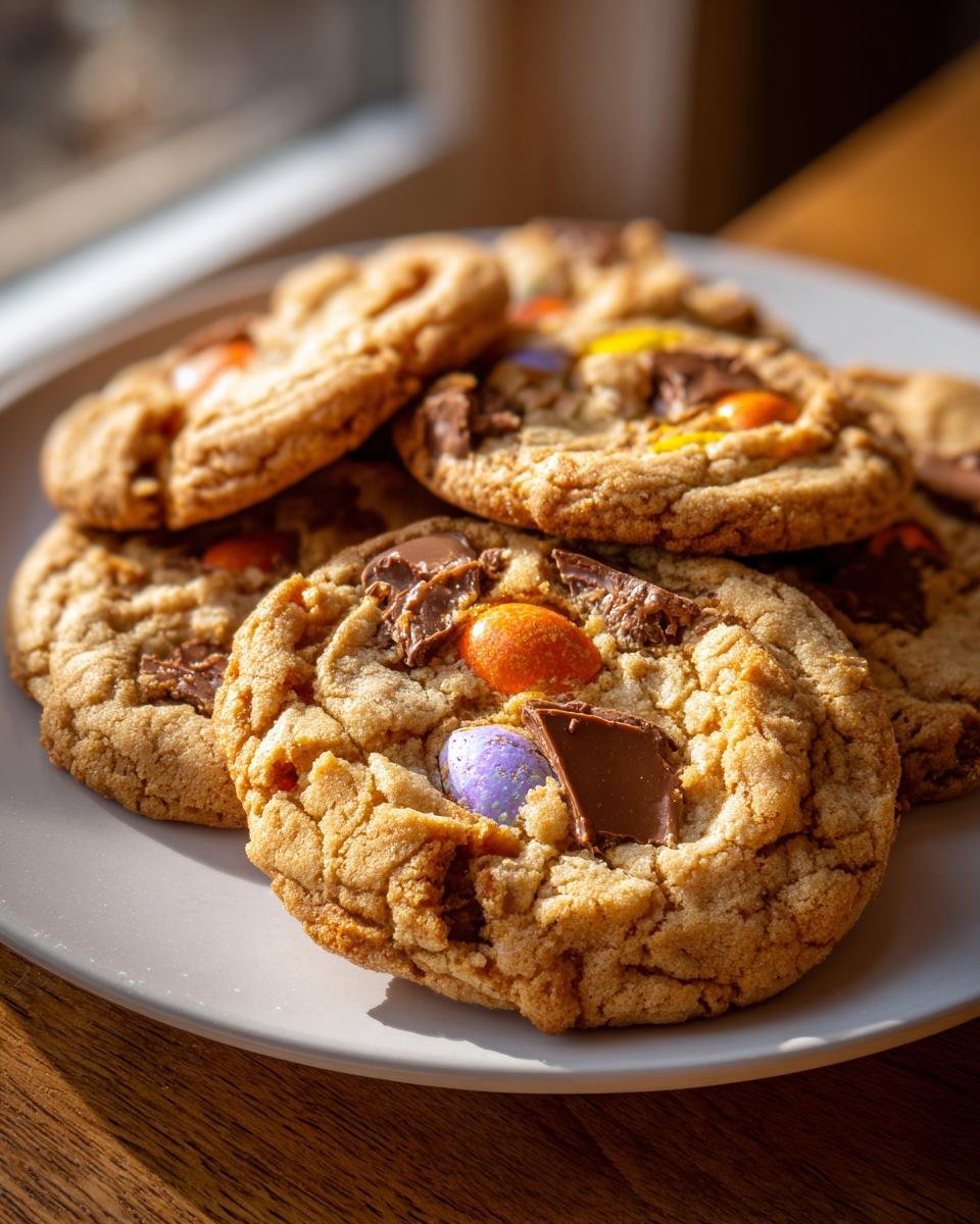 Ein Stapel frisch gebackener Cadbury Egg Cookies mit Schokoladenst&uuml;cken und bunten Eiern auf einem hellen Teller.