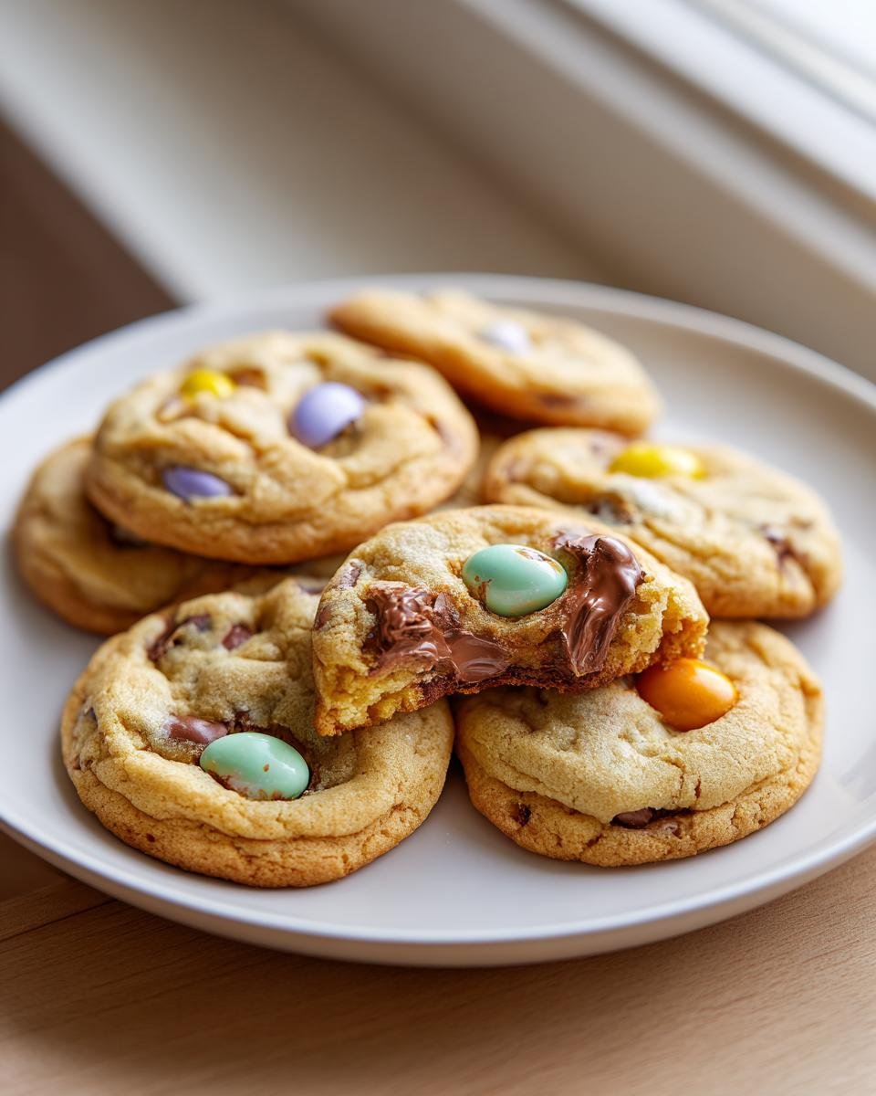 Nahaufnahme von weichen Cadbury Egg Cookies, einer davon zerbrochen mit geschmolzener Schokolade und bunten Eiern.