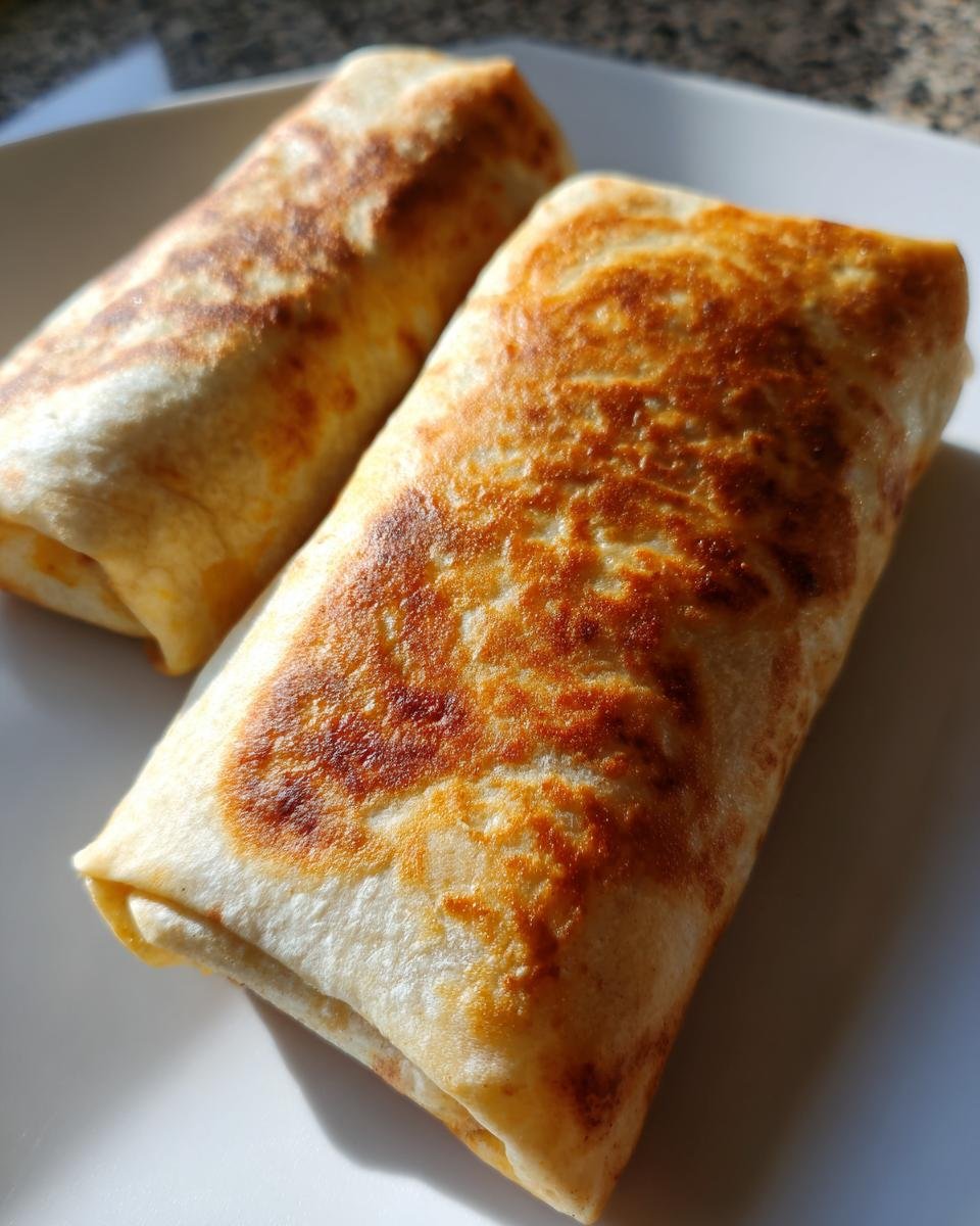 Nahaufnahme von zwei goldbraun gebratenen Flavorful Cajun Black Bean Chicken Burritos auf einem wei&szlig;en Teller.