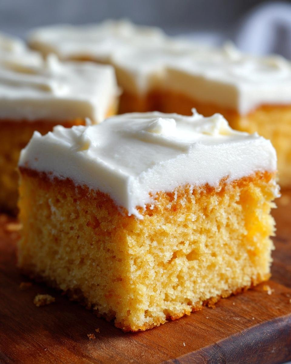 Nahaufnahme eines St&uuml;cks saftiger, gelber Kuchen mit dicker wei&szlig;er Glasur &ndash; Irresistible Cake Batter Bars With Frosting.