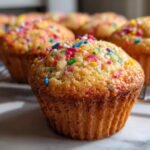 Nahaufnahme eines gebackenen Cheerful Funfetti Cornbread Muffins mit bunten Streuseln obenauf.