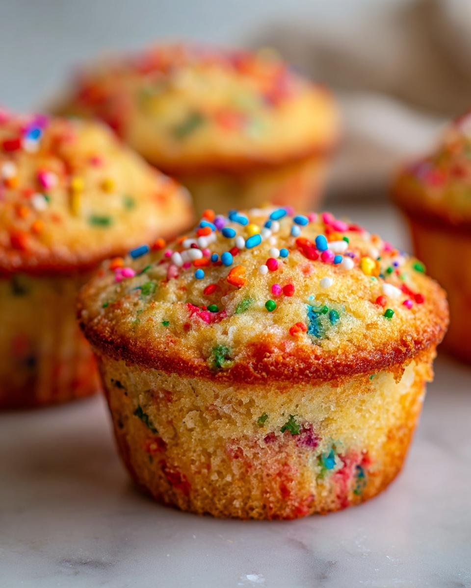 Nahaufnahme eines gebackenen Cheerful Funfetti Cornbread Muffins mit bunten Streuseln obenauf.