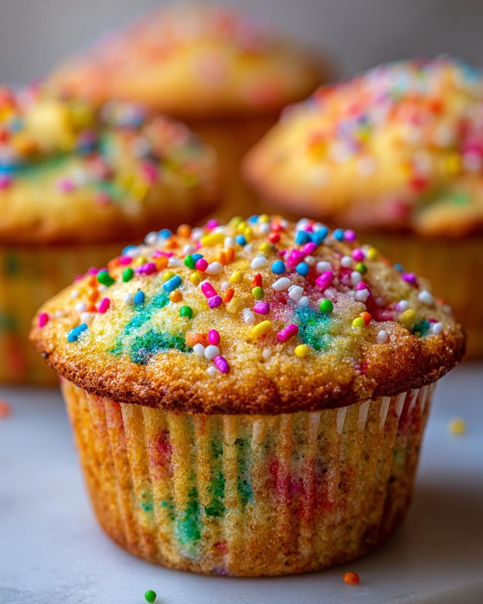 Nahaufnahme eines einzelnen, bunten Cheerful Funfetti Cornbread Muffins, bestreut mit bunten Streuseln.
