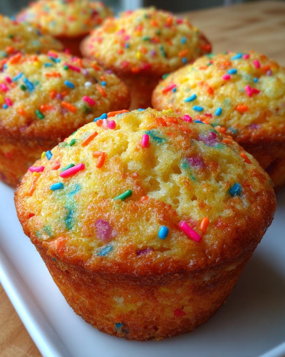 Nahaufnahme von goldbraunen Cheerful Funfetti Cornbread Muffins, bestreut mit bunten Streuseln auf einem wei&szlig;en Teller.