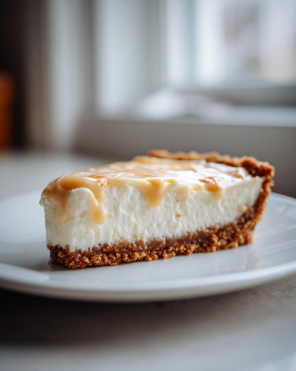 Ein dickes St&uuml;ck Cheesecake Pie mit Keksboden und cremigem Belag, betr&auml;ufelt mit Karamellsauce.