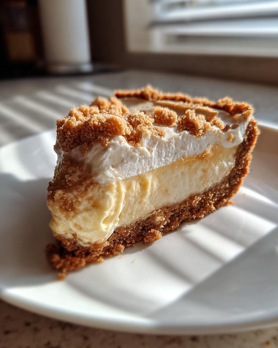 Nahaufnahme eines cremigen St&uuml;cks Cheesecake Pie mit dunklem Keksboden und Streusel-Topping auf einem wei&szlig;en Teller.