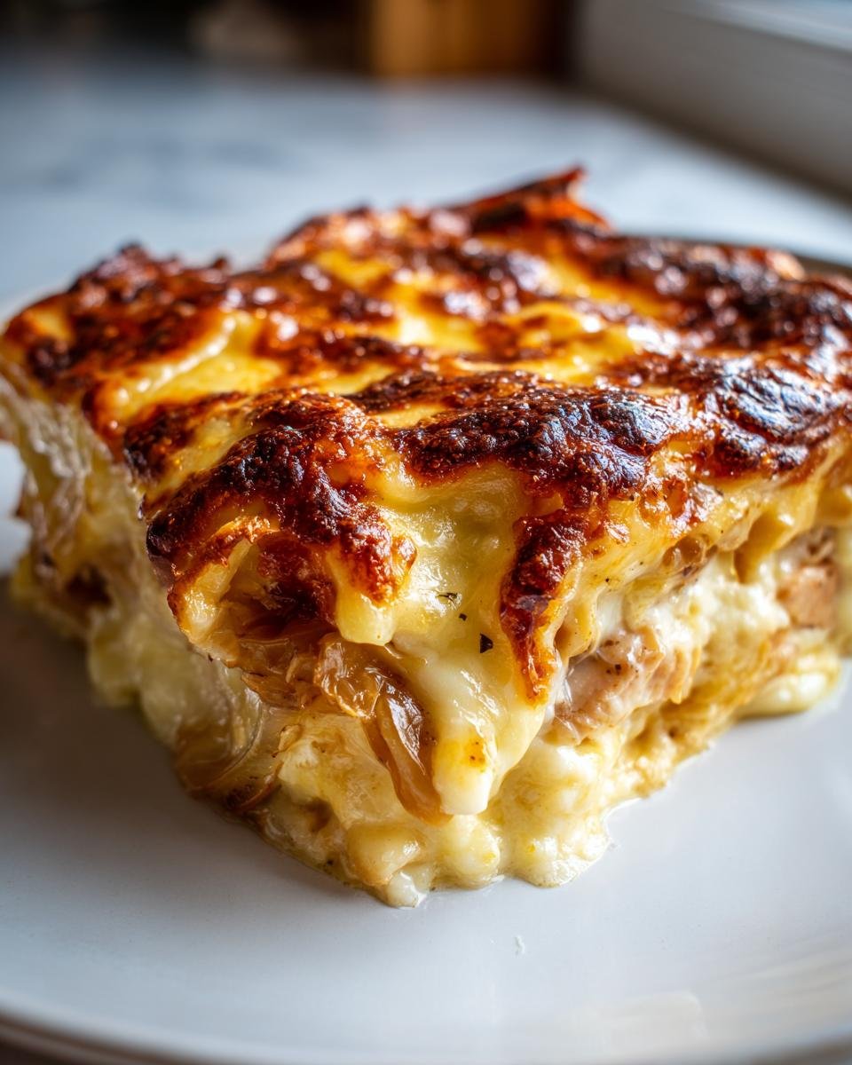 Nahaufnahme eines St&uuml;cks Cheesy French Onion Chicken Casserole mit goldbraun &uuml;berbackener K&auml;sekruste.