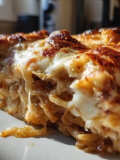 Nahaufnahme eines St&uuml;cks Cheesy French Onion Chicken Casserole mit geschmolzenem, goldbraunem K&auml;se.