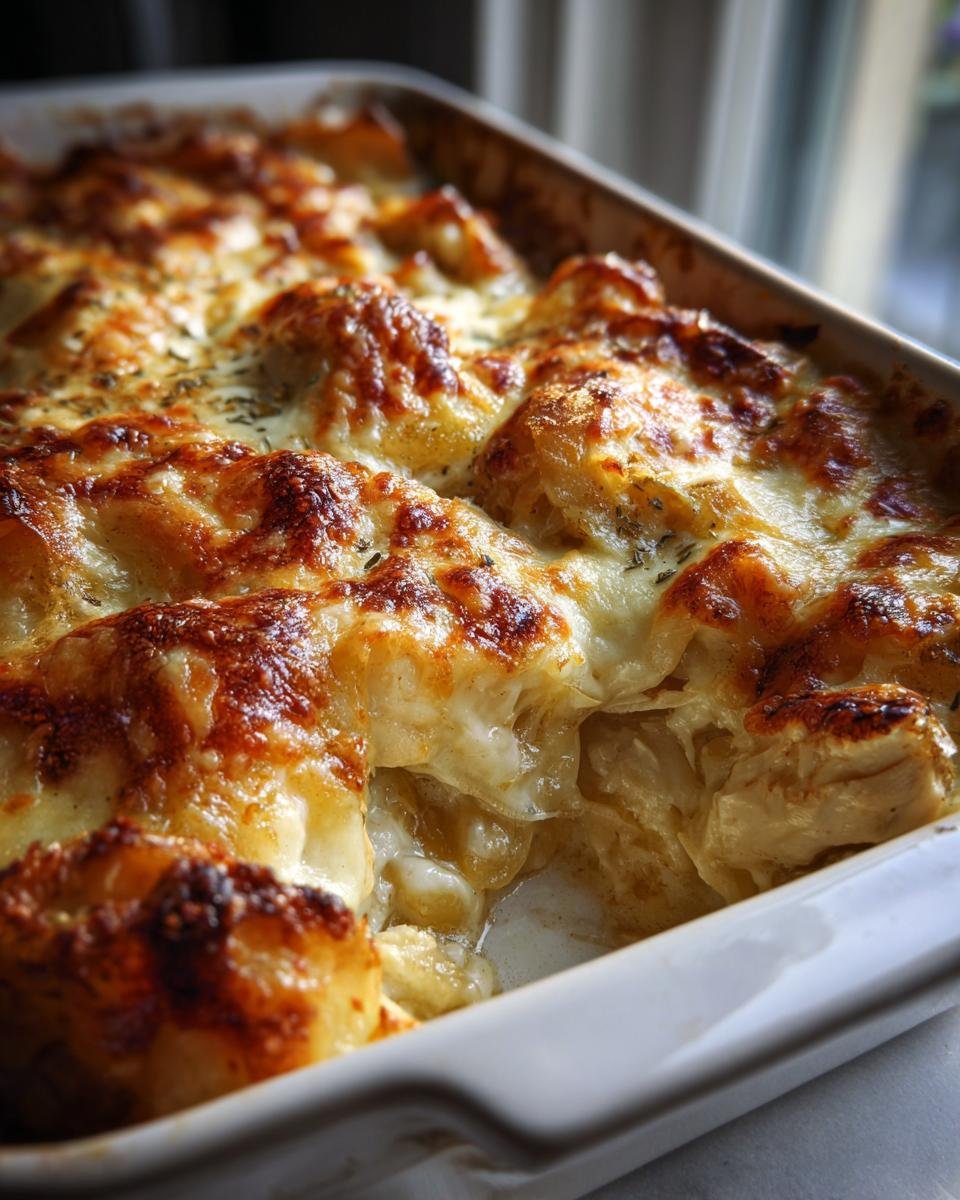 Nahaufnahme eines Auflaufs mit goldbraun &uuml;berbackenem K&auml;se, das Cheesy French Onion Chicken Casserole Rezept.