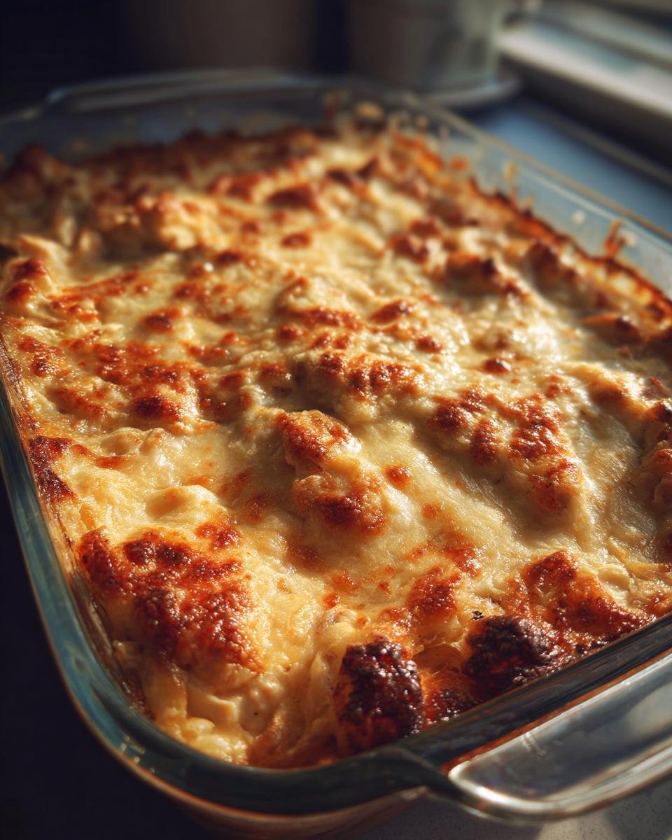 Nahaufnahme einer Auflaufform mit goldbraun &uuml;berbackener Cheesy French Onion Chicken Casserole.