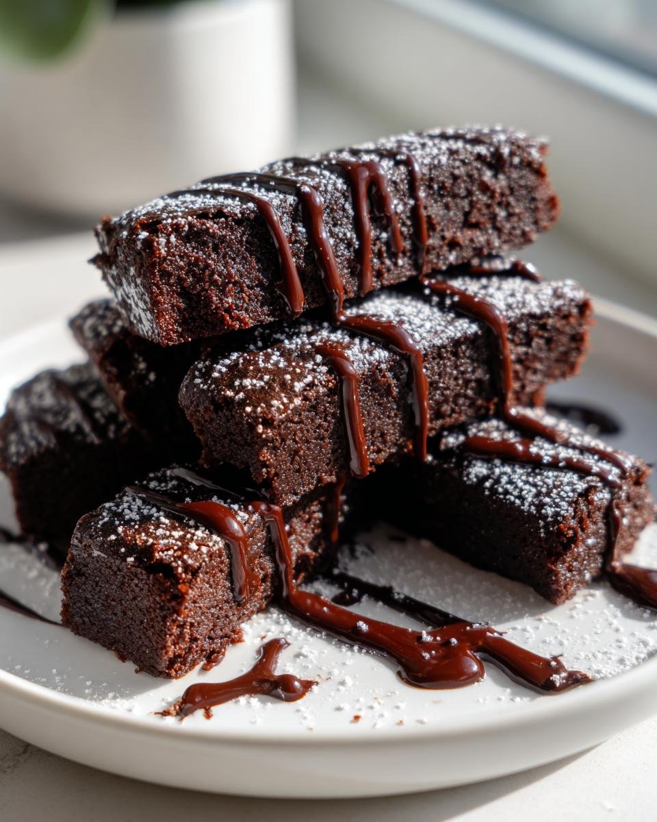Stapel von saftigen Chocolate Fruffles Brownie Fries, betr&auml;ufelt mit dunkler Schokoladenglasur und Puderzucker.