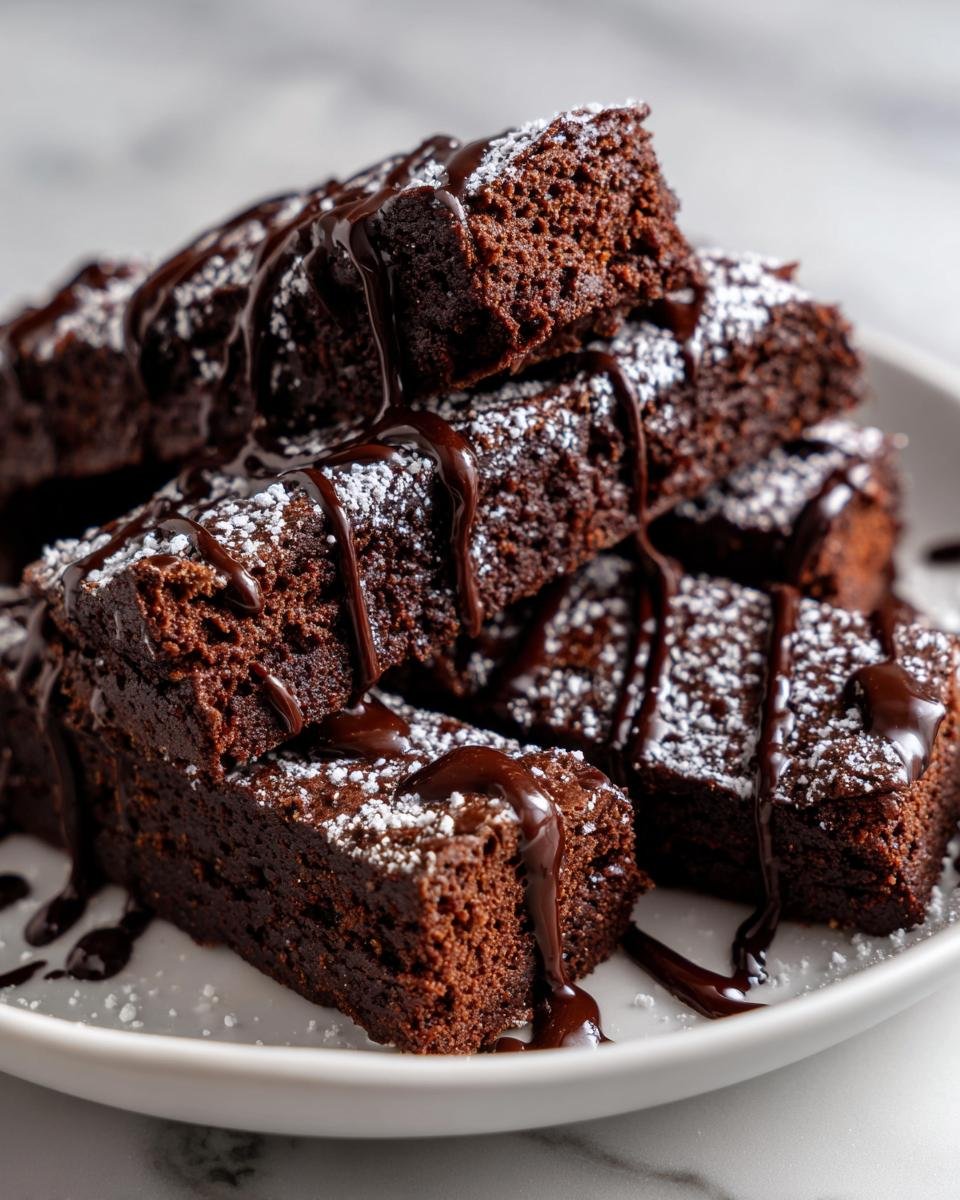 Stapel von saftigen Chocolate Fruffles Brownie Fries, best&auml;ubt mit Puderzucker und &uuml;bergossen mit dunkler Schokoladenglasur.