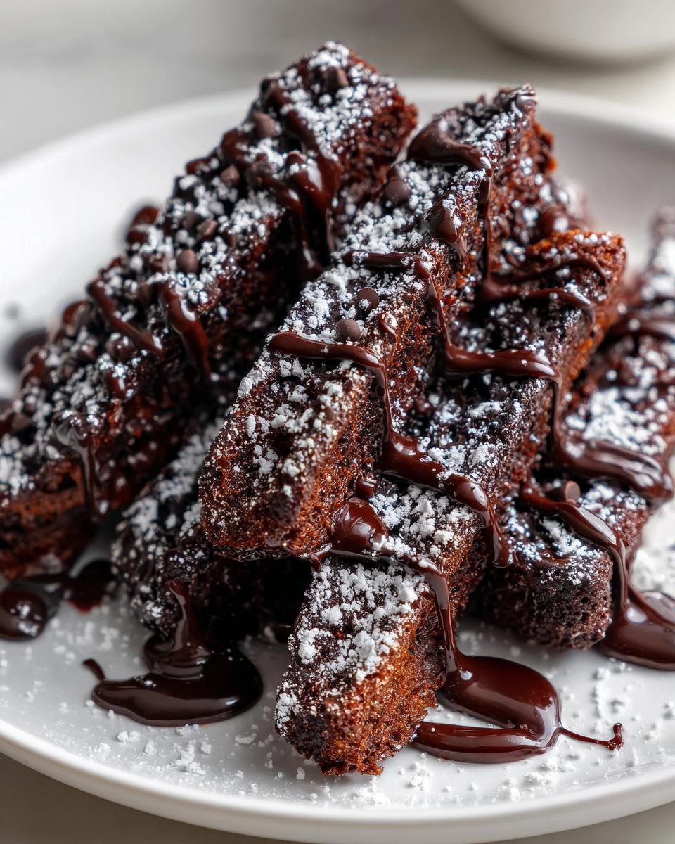 Ein Stapel Chocolate Fruffles Brownie Fries, bedeckt mit Puderzucker und dunkler Schokoladensauce.