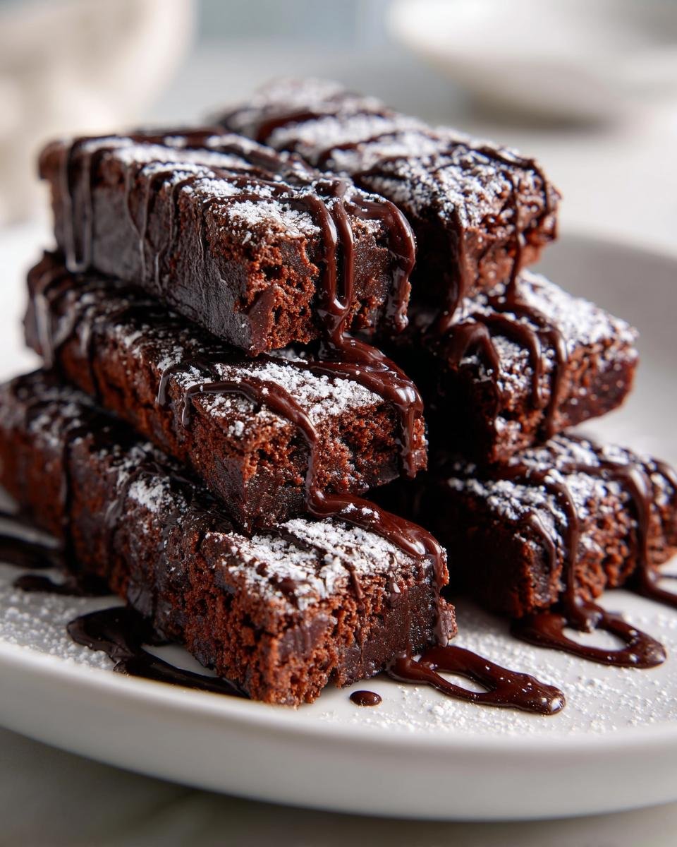 Stapel von saftigen Chocolate Fruffles Brownie Fries, betr&auml;ufelt mit dunkler Schokoladenglasur und Puderzucker.