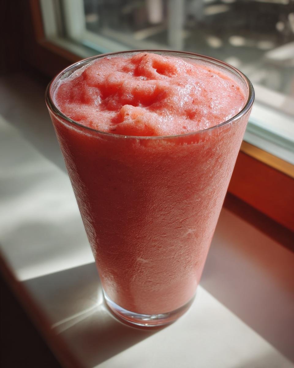 Ein hohes Glas mit einem eisgek&uuml;hlten, rosa gefrorenen Getr&auml;nk, dem Copycat Starbucks Pink Drink, steht im Sonnenlicht.