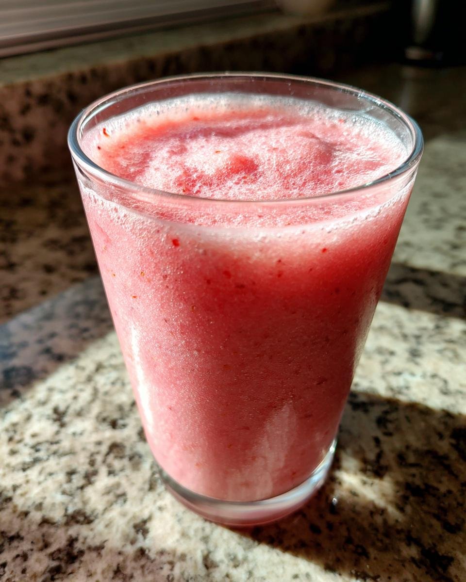 Nahaufnahme eines rosa, schaumigen Getr&auml;nks im Glas, das dem Copycat Starbucks Pink Drink &auml;hnelt.