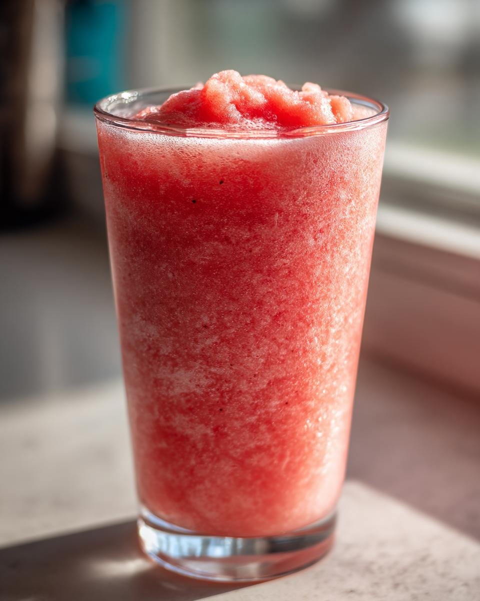 Nahaufnahme eines hohen Glases mit einem eisgek&uuml;hlten, rosa-roten Copycat Starbucks Pink Drink Slushie.