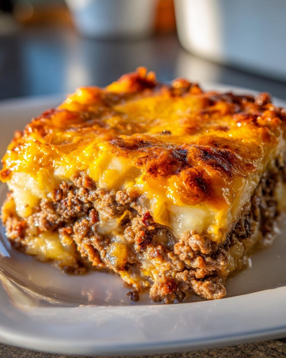 Ein St&uuml;ck des Cozy Amish Hamburger Steak Auflauf mit goldbraun &uuml;berbackenem K&auml;se und Hackfleischschicht.