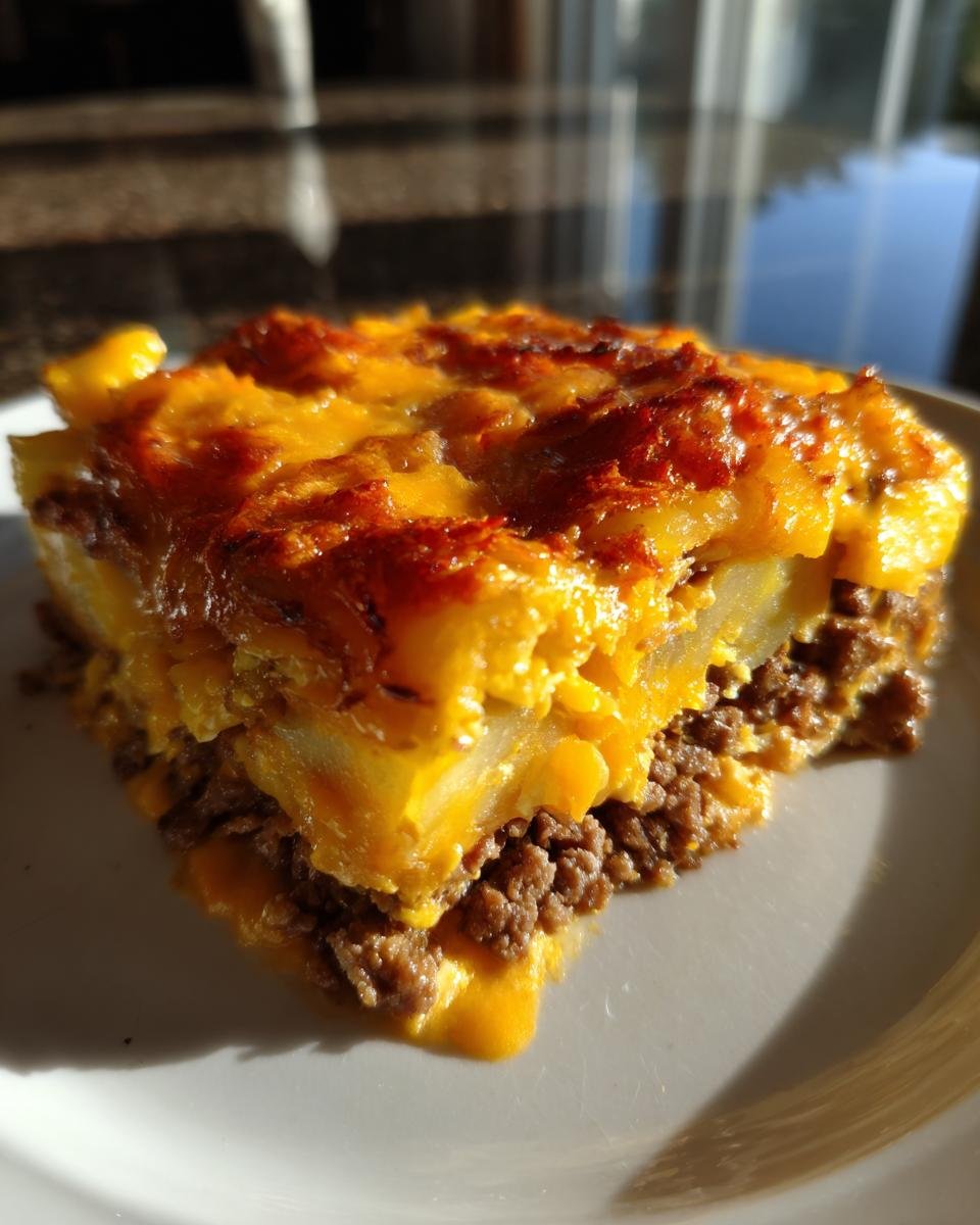 Nahaufnahme eines St&uuml;cks Cozy Amish Hamburger Steak Auflauf mit Hackfleisch und goldbraun &uuml;berbackenem K&auml;se.