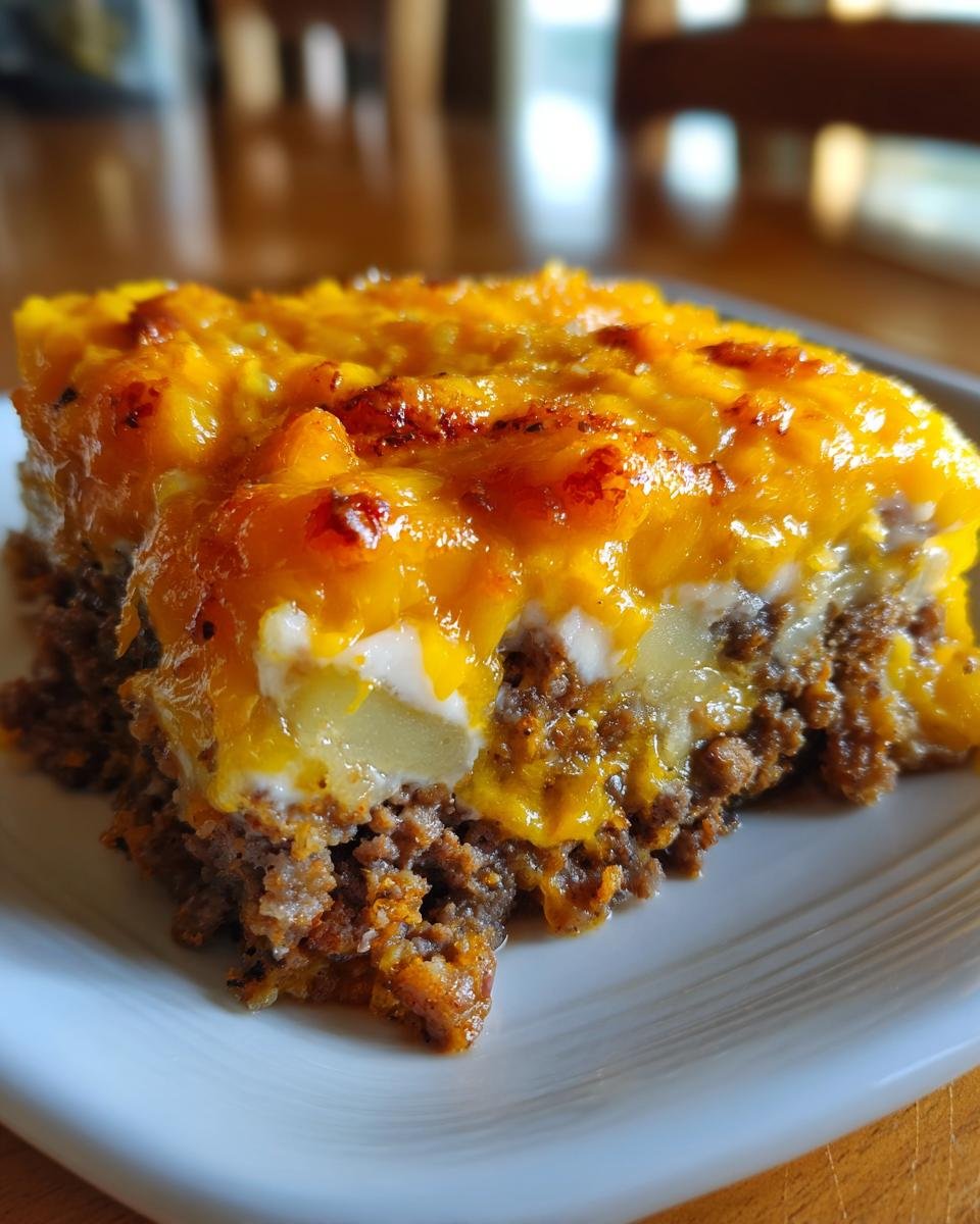Nahaufnahme eines St&uuml;cks Cozy Amish Hamburger Steak Auflauf mit Hackfleisch, Kartoffeln und geschmolzenem Cheddar-K&auml;se.