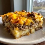 Ein St&uuml;ck des Cozy Amish Hamburger Steak Bake mit Hackfleisch und geschmolzenem Cheddar-K&auml;se auf einem Teller.