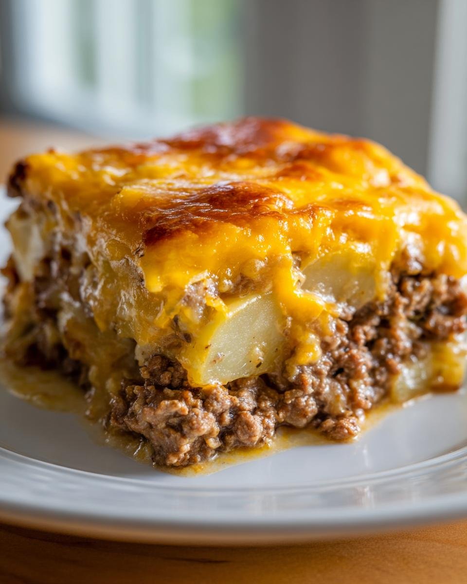 Ein herzhaftes St&uuml;ck Cozy Amish Hamburger Steak Bake mit Hackfleisch und Kartoffeln unter goldbraunem K&auml;se.
