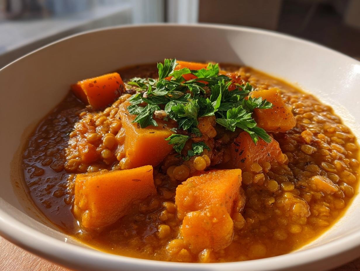 Nahaufnahme eines wei&szlig;en Sch&auml;lchens gef&uuml;llt mit dem Cozy Lentil Pumpkin Stew, garniert mit K&uuml;rbisst&uuml;cken und Petersilie.