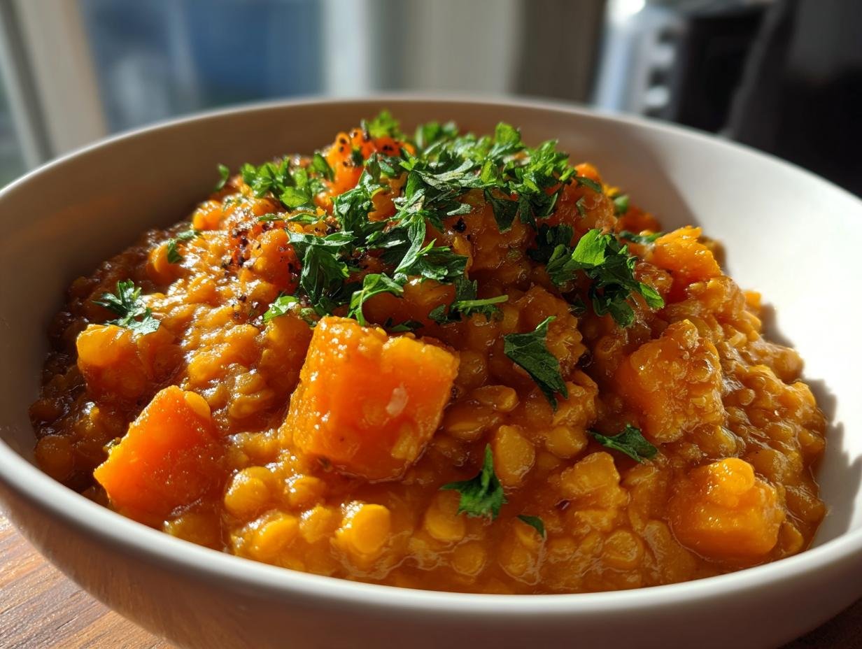 Nahaufnahme eines Sch&auml;lchens mit dem cremigen Cozy Lentil Pumpkin Stew, garniert mit frischer Petersilie.