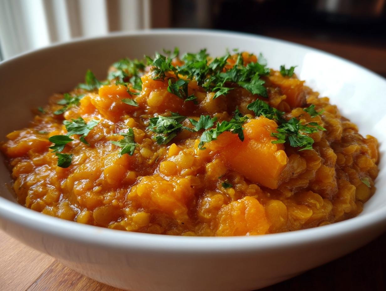 Nahaufnahme eines wei&szlig;en Tellers mit cremigem Cozy Lentil Pumpkin Stew, garniert mit frischer Petersilie.