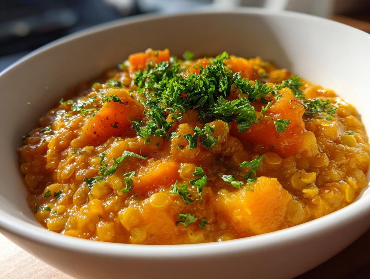Nahaufnahme eines wei&szlig;en Tellers mit dem leuchtend orangefarbenen Cozy Lentil Pumpkin Stew, garniert mit frischer Petersilie.