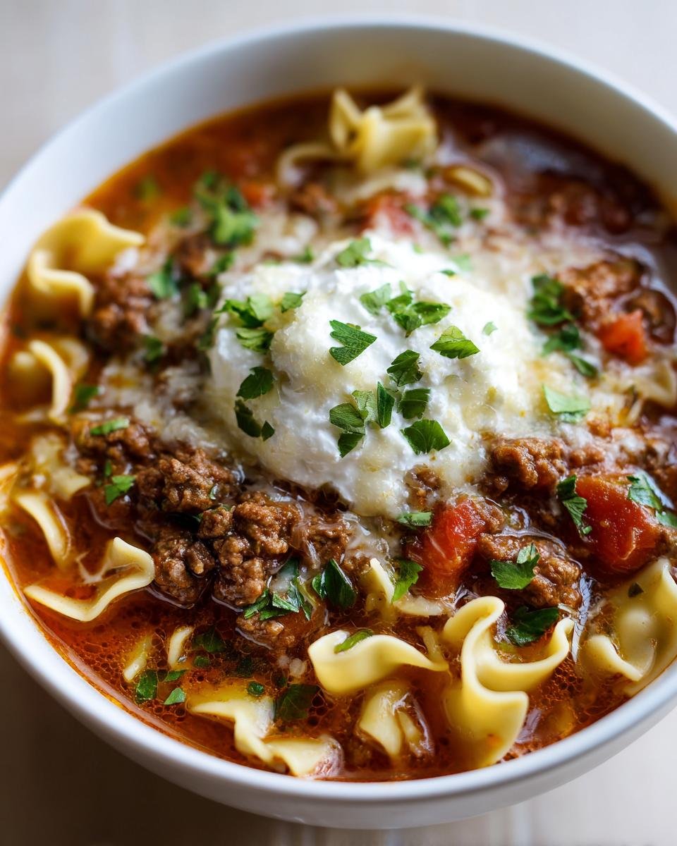 Nahaufnahme einer Sch&uuml;ssel Cozy Slow Cooker Lasagna Soup mit Hackfleisch, Nudeln und einem Klecks Ricotta.
