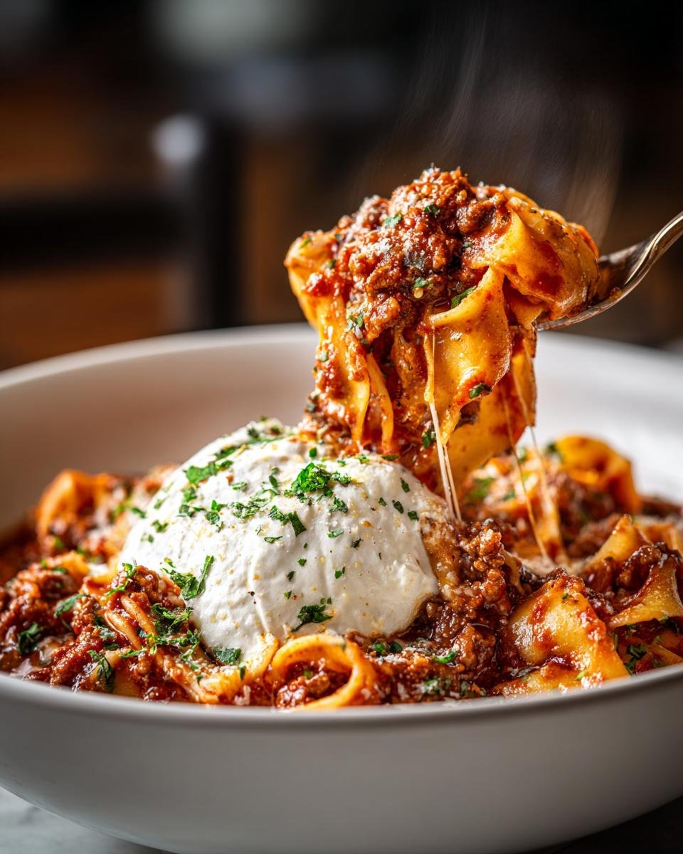 Ein L&ouml;ffel voller Cozy Slow Cooker Lasagna Suppe mit Fleischsauce und geschmolzenem K&auml;se wird aus einer Sch&uuml;ssel gehoben.