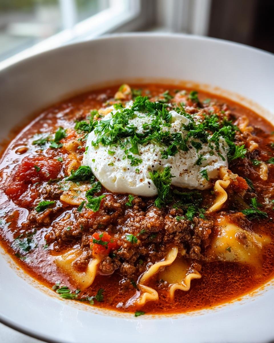 Nahaufnahme einer Sch&uuml;ssel Cozy Slow Cooker Lasagna Suppe mit Hackfleisch, Nudeln und einem Klecks Ricotta.