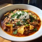 Nahaufnahme einer Sch&uuml;ssel Cozy Slow Cooker Lasagna Suppe mit Fleischsauce, Nudeln und einem Klecks Ricotta.