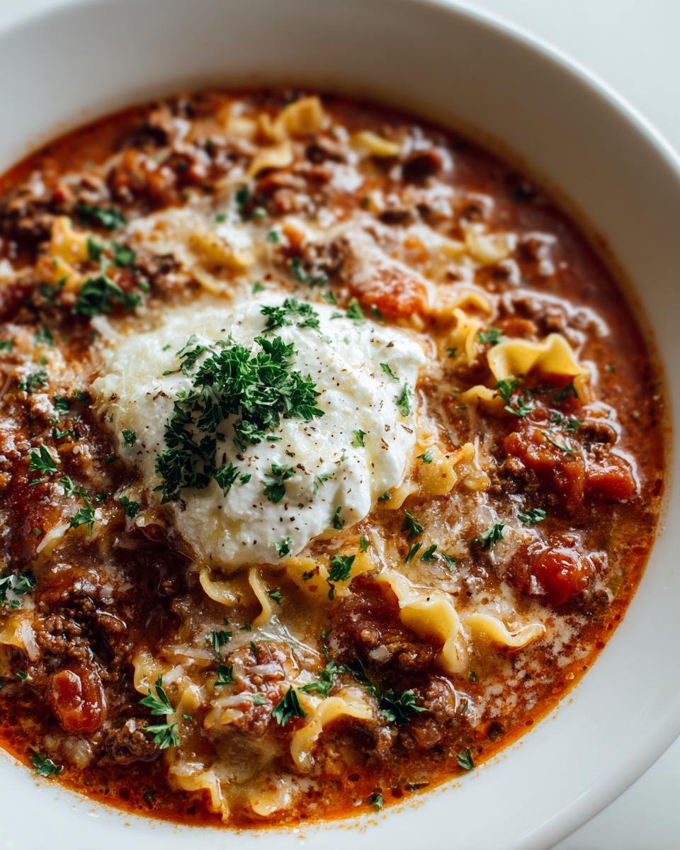 Nahaufnahme einer Sch&uuml;ssel Cozy Slow Cooker Lasagna Suppe mit Hackfleisch, Nudeln und einem Klecks Ricotta.
