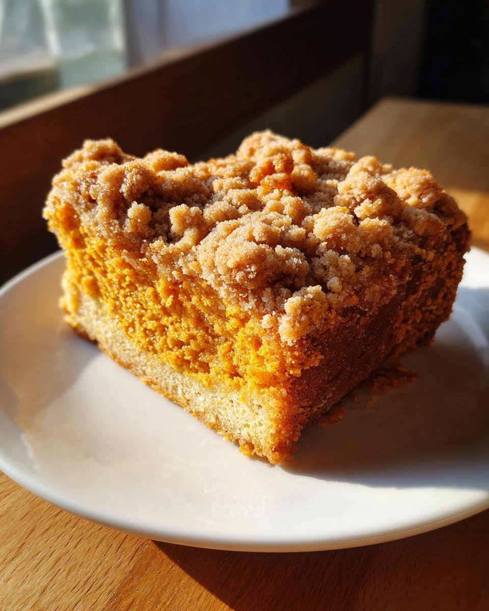 Ein St&uuml;ck saftiger Cozy Sourdough Pumpkin Coffee Cake mit dicken Zimtstreuseln auf einem wei&szlig;en Teller.