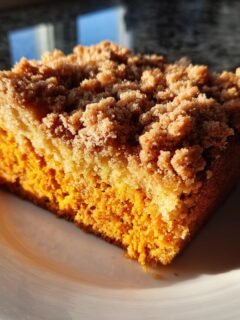 Ein saftiges St&uuml;ck Cozy Sourdough Pumpkin Coffee Cake mit dicker Zimtstreuselschicht auf einem wei&szlig;en Teller.