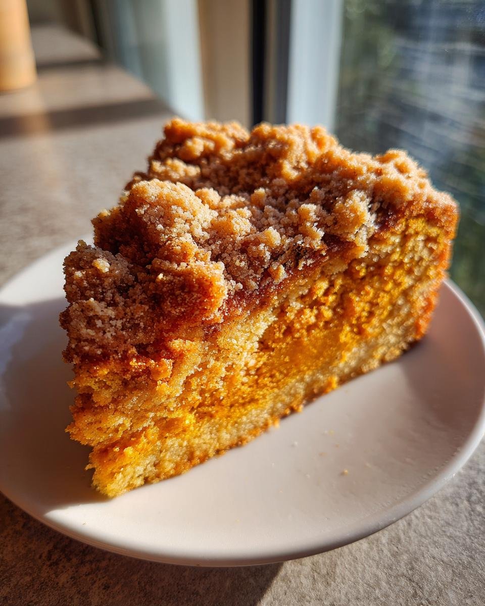 Nahaufnahme eines saftigen St&uuml;cks Cozy Sourdough Pumpkin Coffee Cake mit Streuseln auf einem wei&szlig;en Teller.