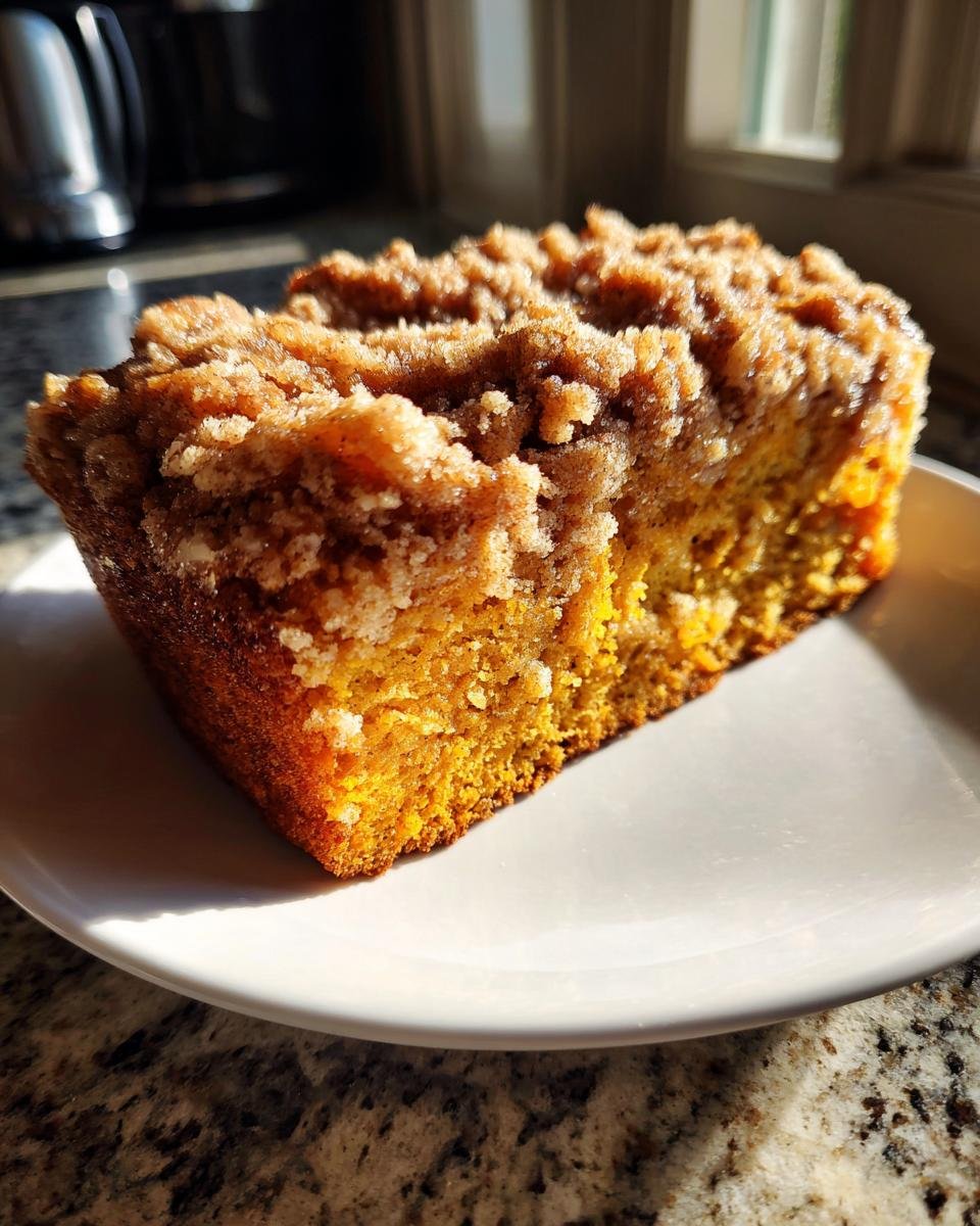 Ein St&uuml;ck saftiger Cozy Sourdough Pumpkin Coffee Cake mit Zimtstreuseln auf einem wei&szlig;en Teller.