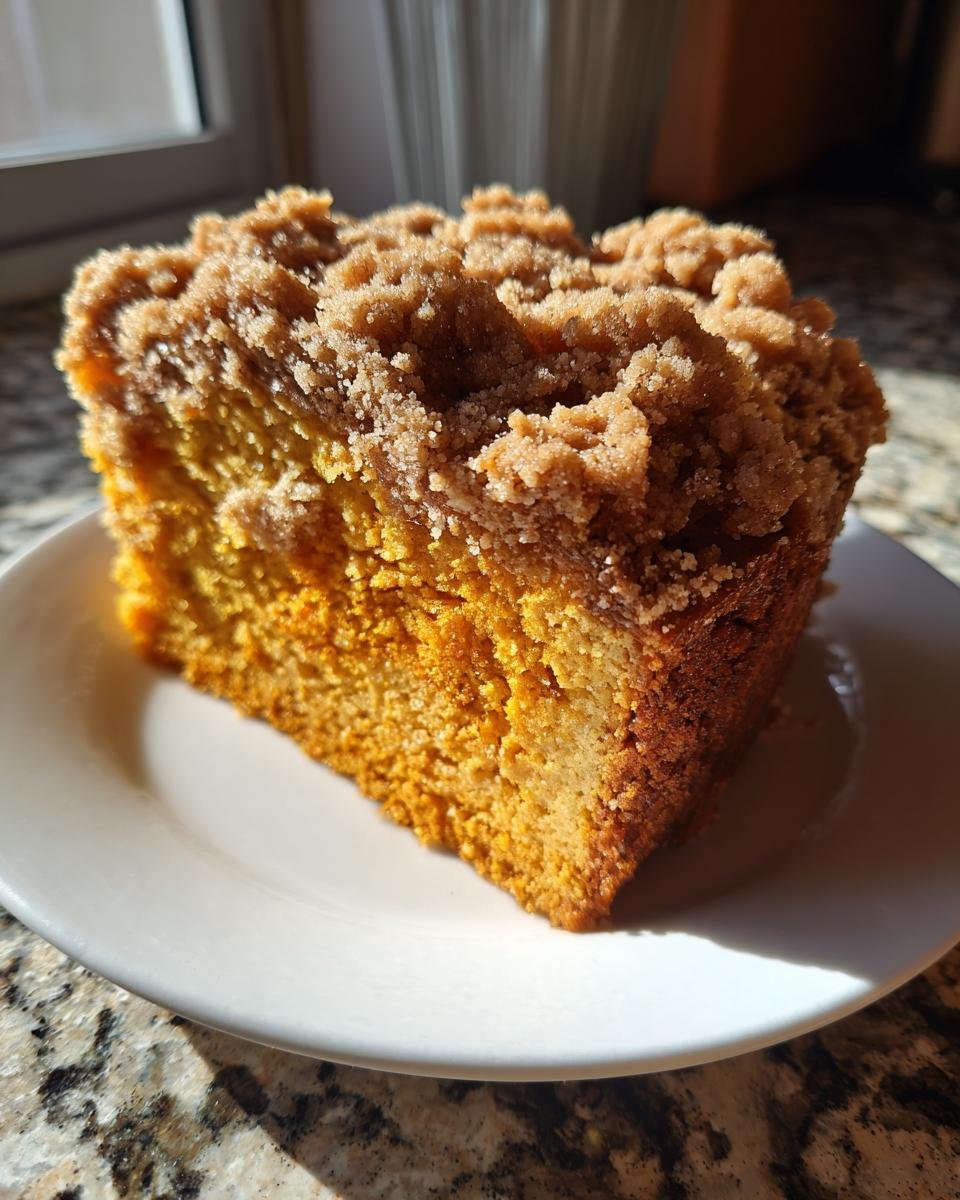 Ein saftiges St&uuml;ck Cozy Sourdough Pumpkin Coffee Cake mit dicken Zimtstreuseln auf einem wei&szlig;en Teller.