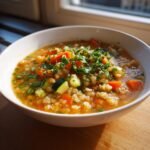 Nahaufnahme einer Sch&uuml;ssel mit herzhafter Cozy Vegan Vegetable Barley Soup (Gerstensuppe) mit Karotten und Zucchini.