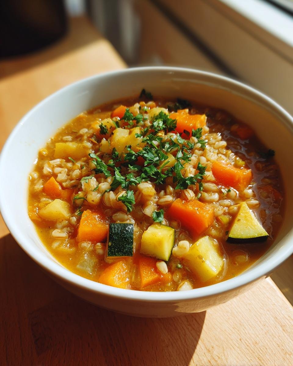 Nahaufnahme einer Sch&uuml;ssel mit Cozy Vegan Vegetable Barley Soup Recipe, garniert mit Petersilie.