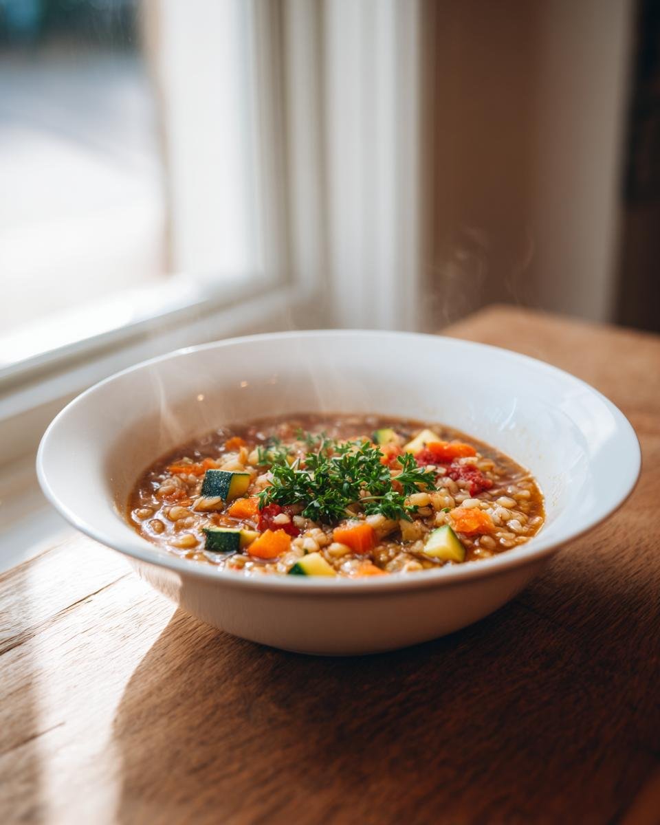Eine dampfende Sch&uuml;ssel mit Cozy Vegan Vegetable Barley Soup Recipe, garniert mit Petersilie, auf einem Holztisch am Fenster.