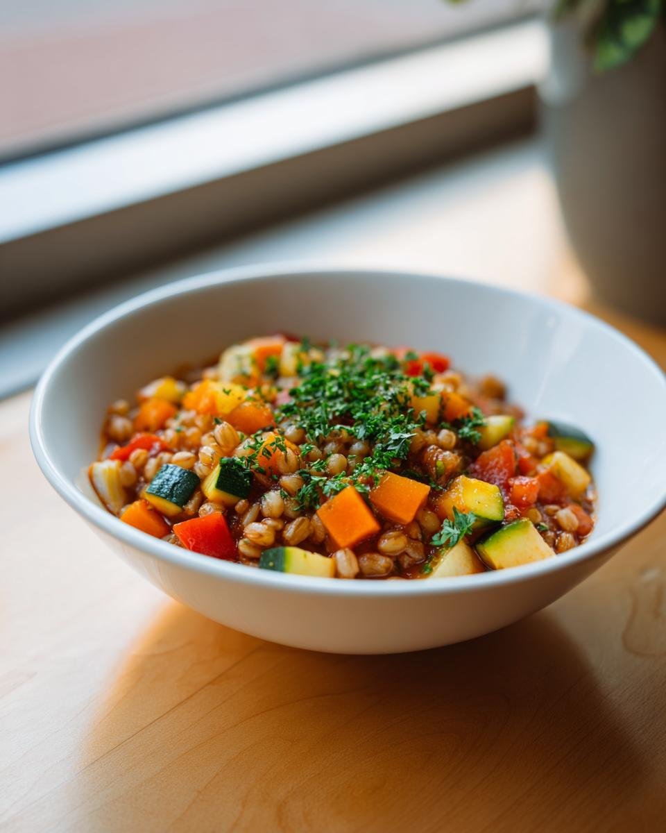 Nahaufnahme einer wei&szlig;en Sch&uuml;ssel mit Cozy Vegan Vegetable Barley Soup, garniert mit Petersilie.