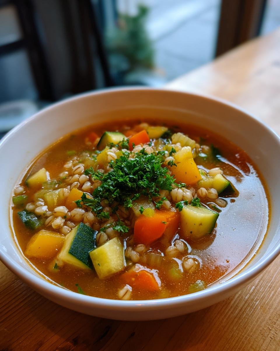 Nahaufnahme einer Sch&uuml;ssel mit herzhafter Cozy Vegan Vegetable Barley Soup mit viel Gem&uuml;se und Petersilie.