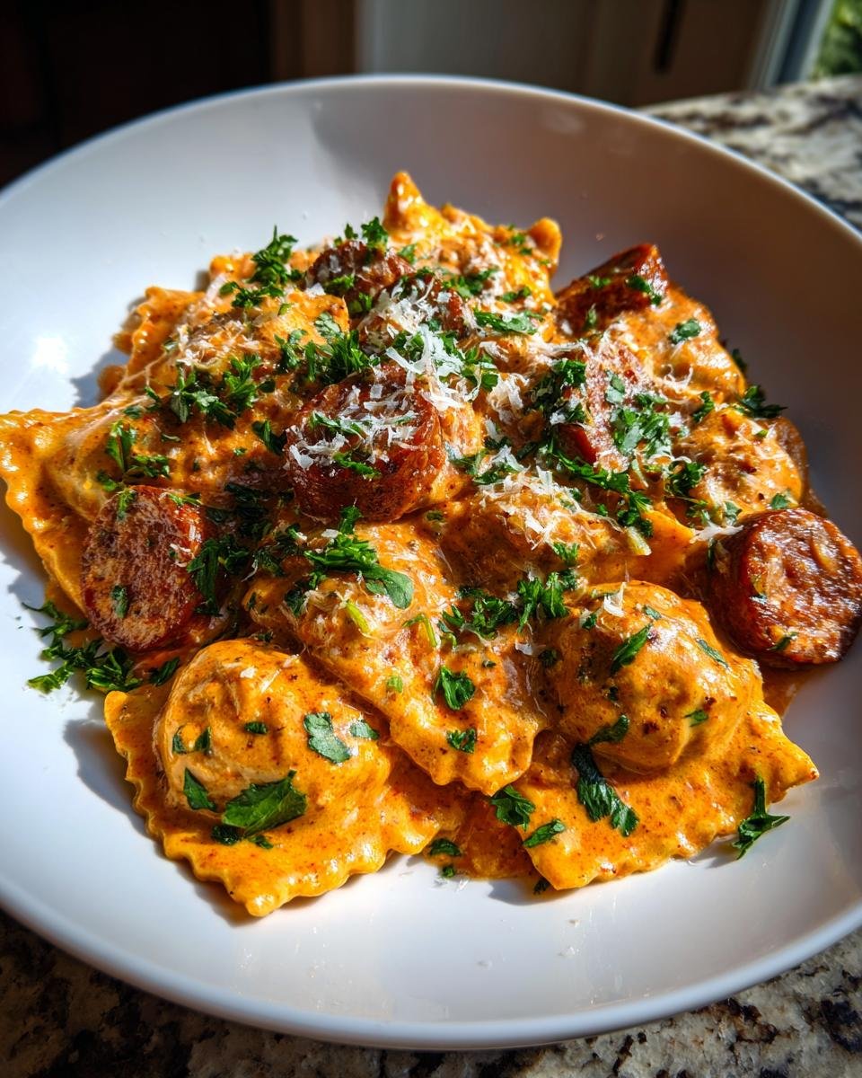Nahaufnahme von Hearty Creamy Cajun Sausage Ravioli in einer cremigen, orangefarbenen Sauce, garniert mit Petersilie und Parmesan.