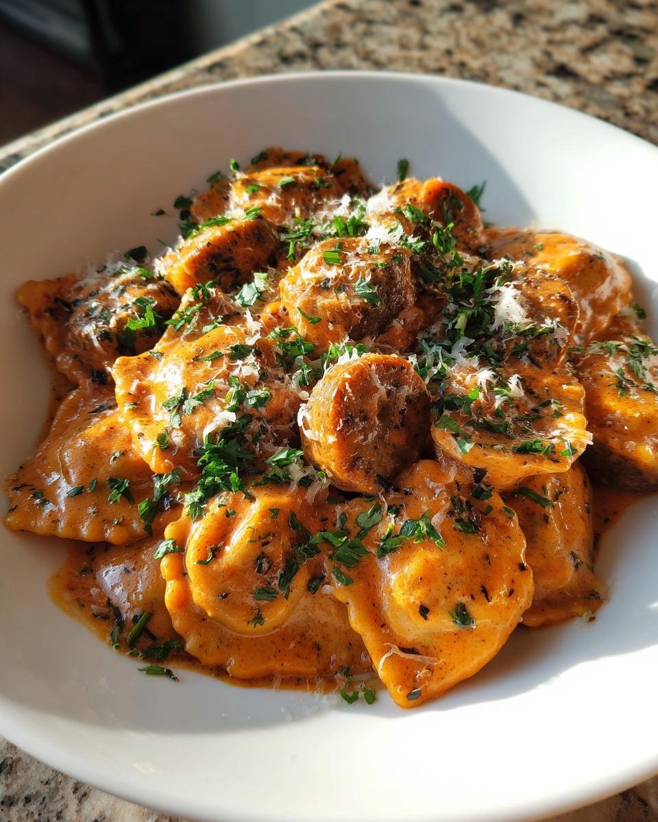 Nahaufnahme von Hearty Creamy Cajun Sausage Ravioli in einer cremigen, orangefarbenen Sauce, garniert mit Petersilie und Parmesan.